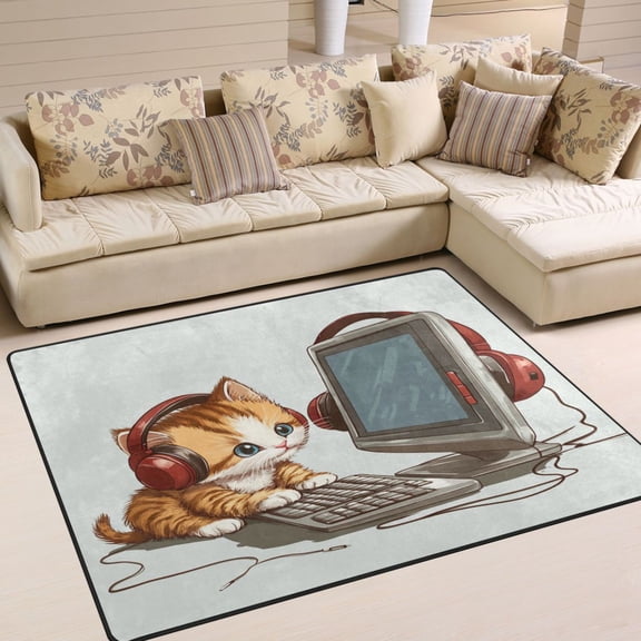 WOBOGO Kittens Play Computer Carpet Non-Slip Rugs Soft Doormat 80×58in Living Dining Room Bedroom Decorative