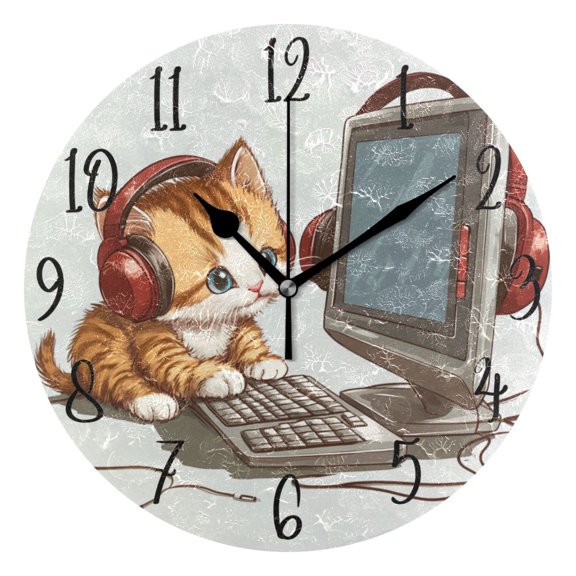 WOBOGO Kittens Play Computer Wall Clock 10in Silent Mechanism Battery Operated Retro Style for Living Room Bedroom and Kitchen Black Pointer
