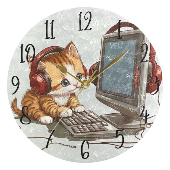 WOBOGO Kittens Play Computer Wall Clock 10in Silent Mechanism Battery Operated Retro Style for Living Room Bedroom and Kitchen Gold Pointer