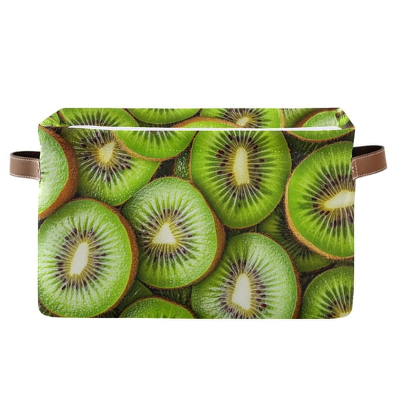 WOBOGO Kiwi Fruit Pattern Square Storage Basket with Waterproof Canvas and PE Lining Durable PU Leather Handles 14.2×10.2×8.3in