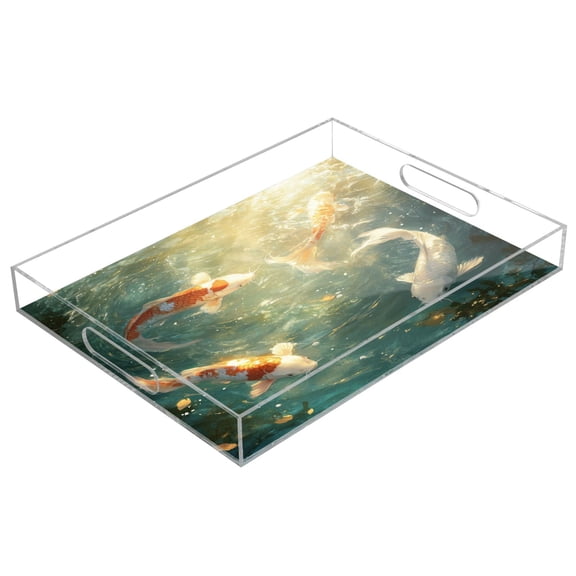 WOBOGO Koi Fish Acrylic Serving Trays 15.7x11.8 Inch Spill Proof Clear Decorative Organizer with Handle