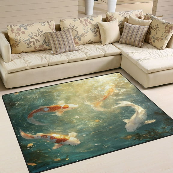 WOBOGO Koi Fish Carpet Non-Slip Rugs Soft Doormat 80×58in Living Dining Room Bedroom Decorative