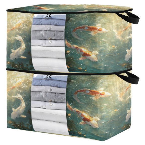 WOBOGO Koi Fish Clothes Storage 2Pack Foldable Thick Fabric Blanket Organizer Bag with Handle 21.65×13.78×12.4in
