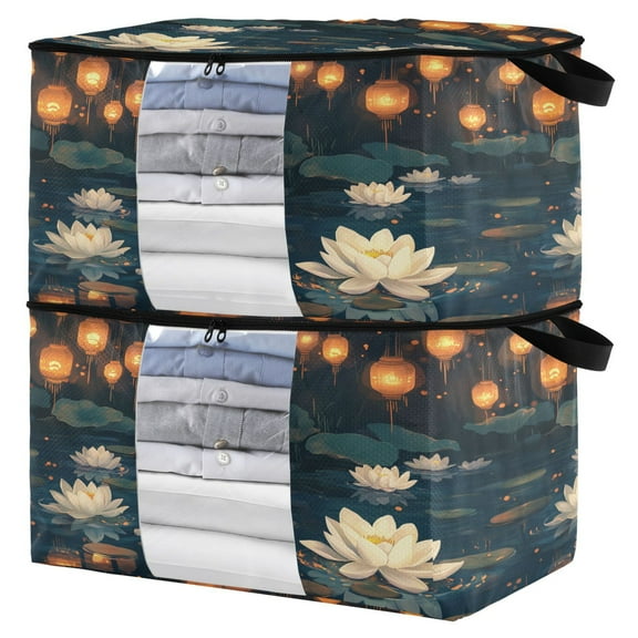 WOBOGO Kong Ming Lanterns Lotus Pond Clothes Storage 2Pack Foldable Thick Fabric Blanket Organizer Bag with Handle 21.65×13.78×12.4in