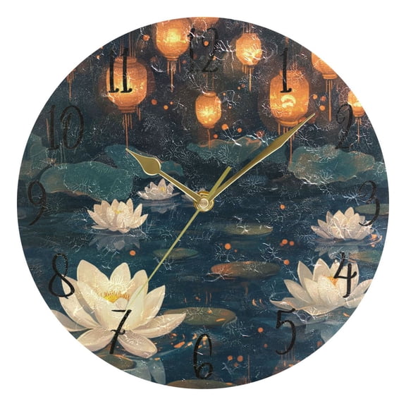 WOBOGO Kong Ming Lanterns Lotus Pond Wall Clock 10in Silent Mechanism Battery Operated Retro Style for Living Room Bedroom and Kitchen Gold Pointer
