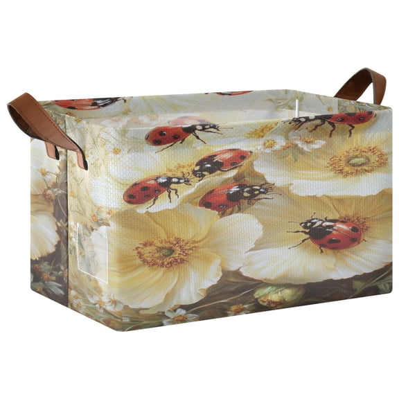 WOBOGO Ladybugs Picking Flowers Storage Basket 16.9×11.4×10in Collapsible Oversized with Metal Iron Frame Set of 2