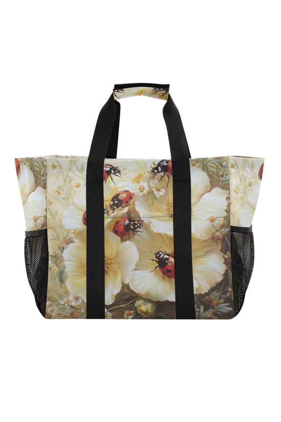 Ladybugs Picking Flowers Tote Shopping Bag Reusable Heavy Duty Durable Foldable Washable 15.412.89.8in