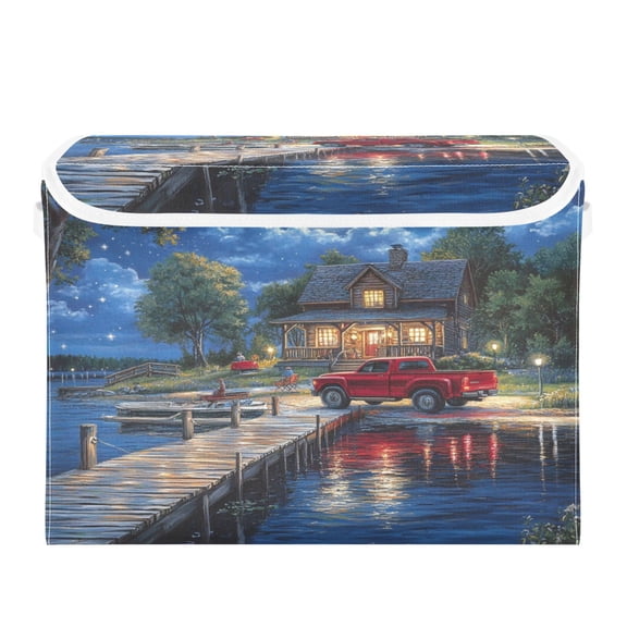 WOBOGO Lakeside Night View Large Collapsible Storage Box Flip Lid Fabric Decorative Organizer Container Basket with Handles 16.512.611.8in