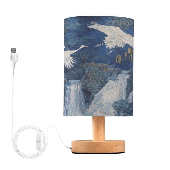 WOBOGO Land Of Wild Cranes Bedroom Table Lamp USB Power Connector Wooden Base Round Linen Shade For Living Room Desk