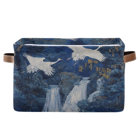 WOBOGO Land Of Wild Cranes Square Storage Basket with Waterproof Canvas and PE Lining Durable PU Leather Handles 14.2×10.2×8.3in