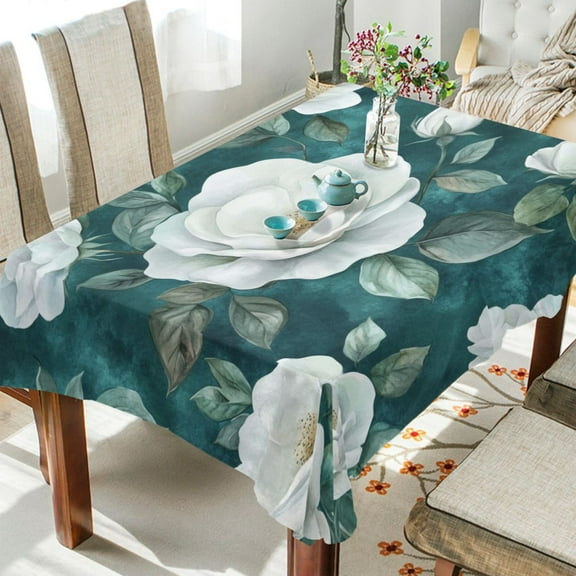 WOBOGO Large White Roses Pattern Square Tablecloth 60×60in Polyester Fabric Tablecloth Washable Dust Resistant Wrinkle Resistant