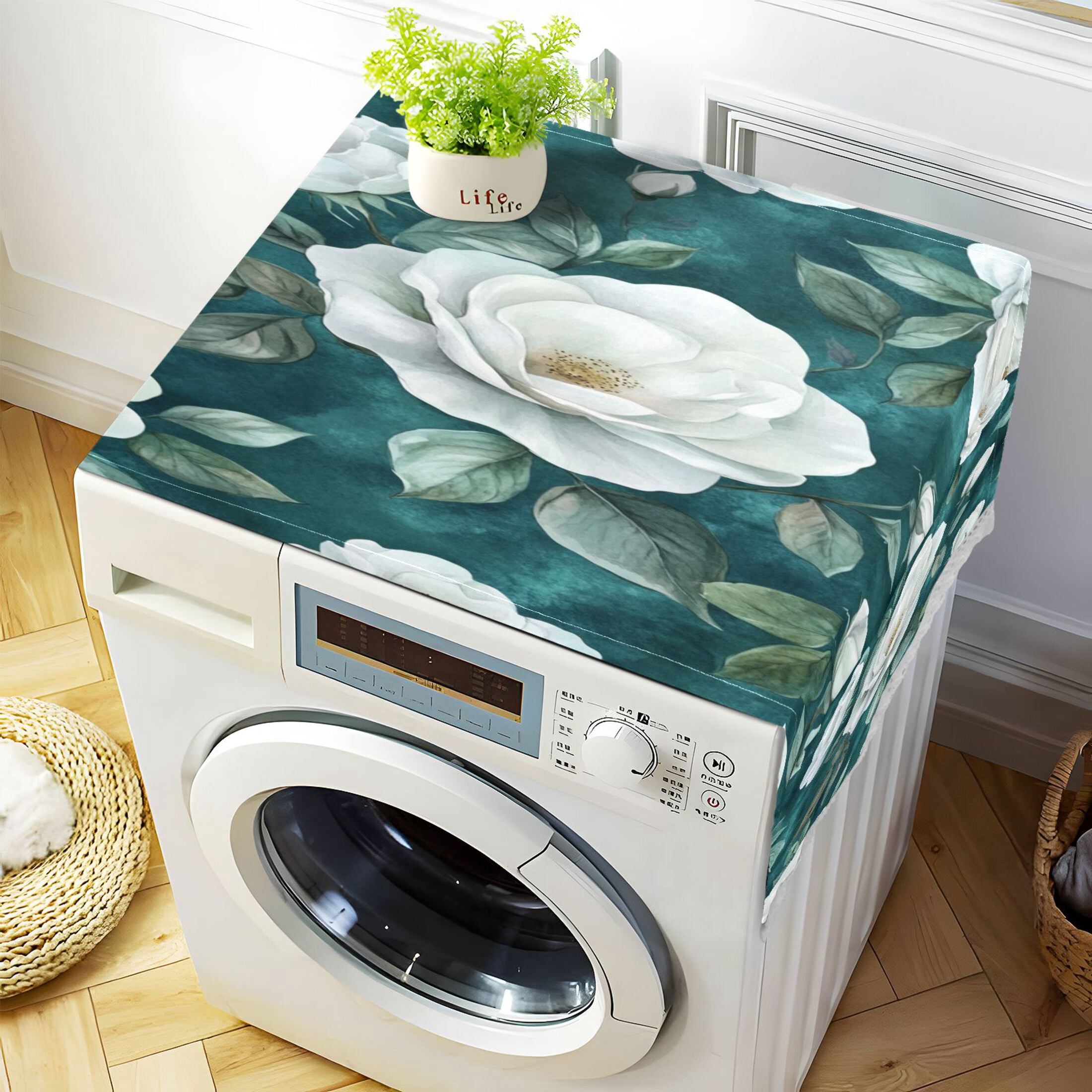 WOBOGO Large White Roses Pattern Washing Machine Cloth Dryer Refrigerator Top Cover Protective Non-Slip Mat For Kitchen Laundry
