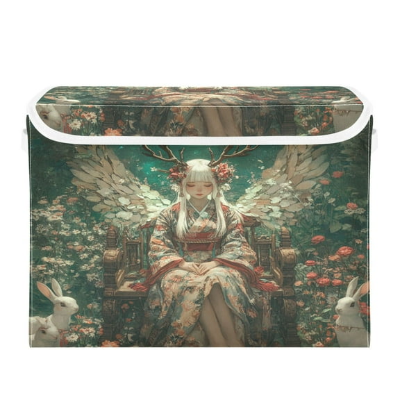 WOBOGO Lass with Antlers and White Wings Large Collapsible Storage Box Flip Lid Fabric Decorative Organizer Container Basket with Handles 16.512.611.8in
