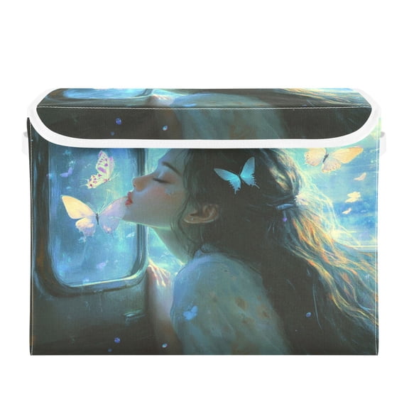 WOBOGO Lass Surrounded by Butterflies Large Collapsible Storage Box Flip Lid Fabric Decorative Organizer Container Basket with Handles 16.512.611.8in