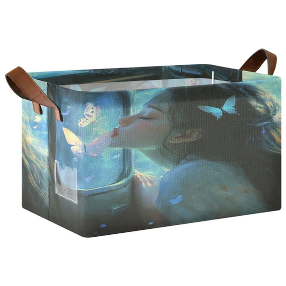 WOBOGO Lass Surrounded by Butterflies Storage Basket 16.9×11.4×10in Collapsible Oversized with Metal Iron Frame Set of 1
