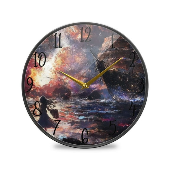 WOBOGO Lass Waiting for The Boat Acrylic Wall Clock Battery Operated 11.9in Silent No Tick Bedroom Living Room Office Classroom Decoration