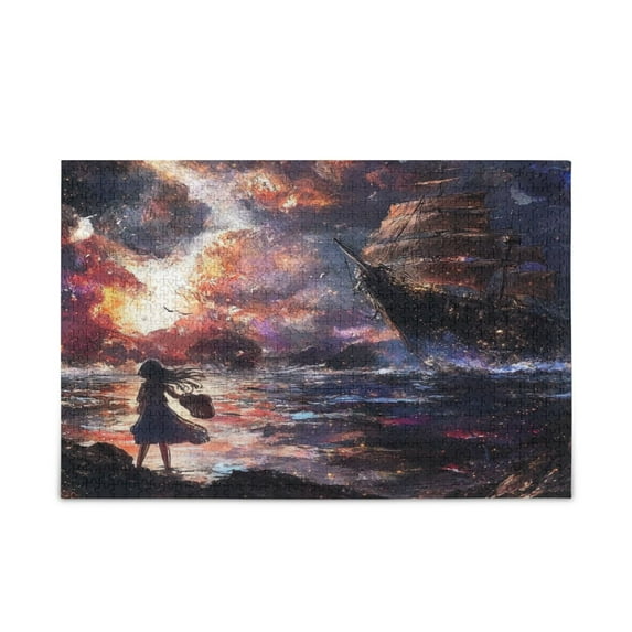 WOBOGO Lass Waiting for The Boat Puzzle Challenge 1000 Piece Jigsaw Suitable for Game Night Finished Size 29.5 x 19.7in