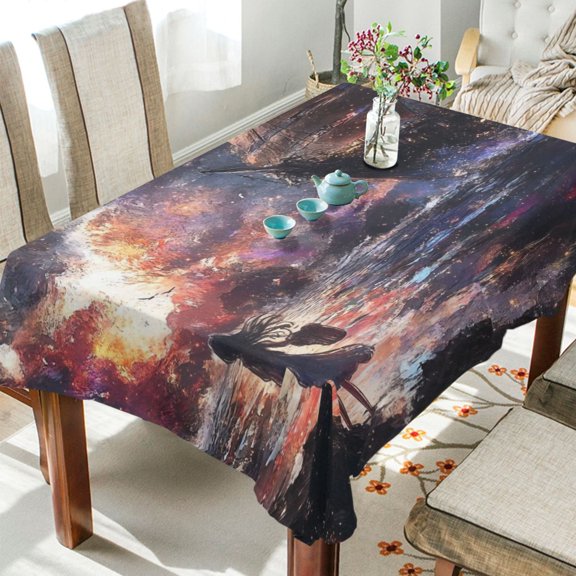 WOBOGO Lass Waiting for The Boat Square Tablecloth 54×54in Polyester Fabric Tablecloth Washable Dust Resistant Wrinkle Resistant