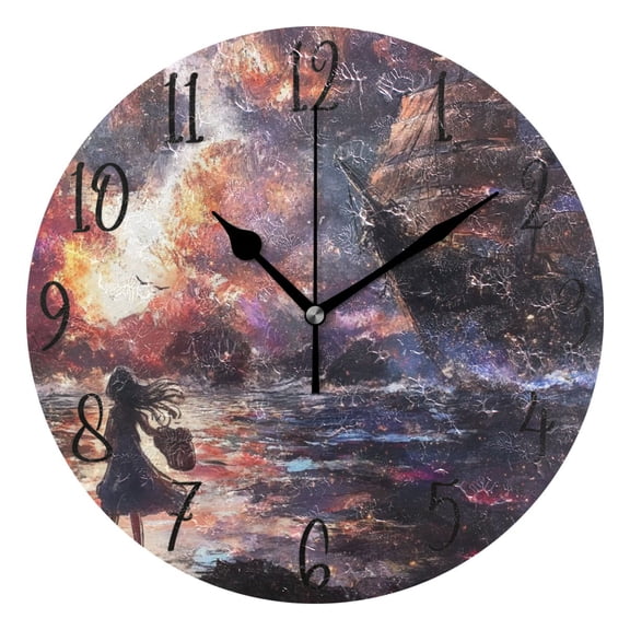 WOBOGO Lass Waiting for The Boat Wall Clock 10in Silent Mechanism Battery Operated Retro Style for Living Room Bedroom and Kitchen Black Pointer