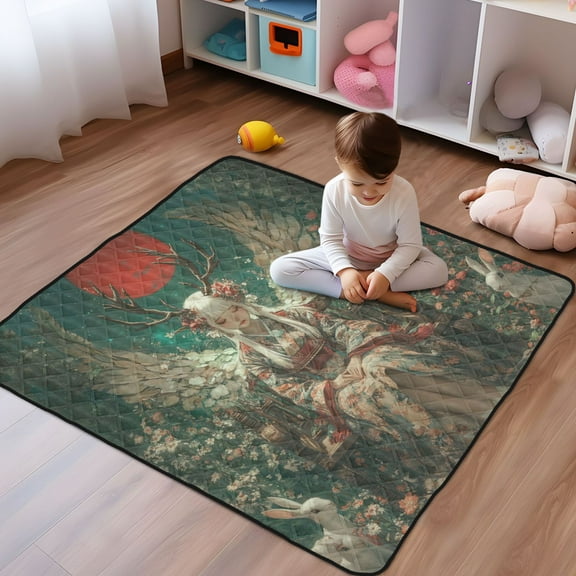 WOBOGO Lass with Antlers and White Wings Baby Playmats Extra Large Waterproof Rollable Activity Pads for Toddlers 5050inch