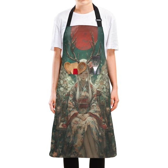 WOBOGO Lass with Antlers and White Wings Long Apron Waterdrop Resistant with 2 Pockets Cooking Kitchen Chef Apron for Women Men