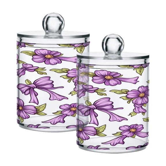 WOBOGO Lavender Flowers Pattern Transparent Plastic Jar 2pcs Cotton Swabs Balls Pads Floss Stick Dispenser Bathroom Vanity Storage Organizer