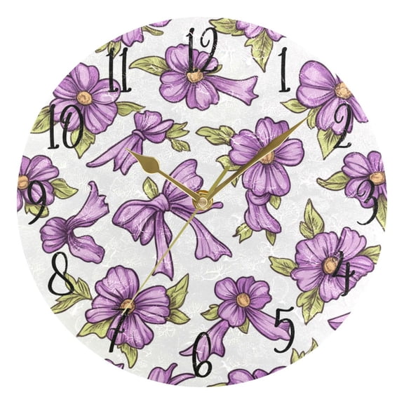 WOBOGO Lavender Flowers Pattern Wall Clock 10in Silent Mechanism Battery Operated Retro Style for Living Room Bedroom and Kitchen Gold Pointer