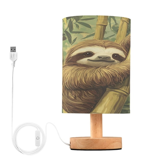 WOBOGO Lazy Sloth Bedroom Table Lamp USB Power Connector Wooden Base Round Linen Shade For Living Room Desk