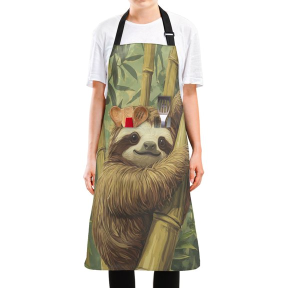 WOBOGO Lazy Sloth Long Apron Waterdrop Resistant with 2 Pockets Cooking Kitchen Chef Apron for Women Men