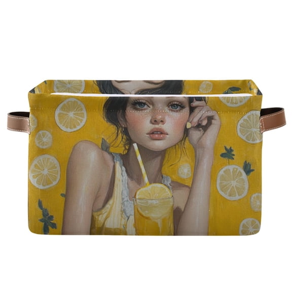 WOBOGO Lemonade Lass Square Storage Basket with Waterproof Canvas and PE Lining Durable PU Leather Handles 14.2×10.2×8.3in