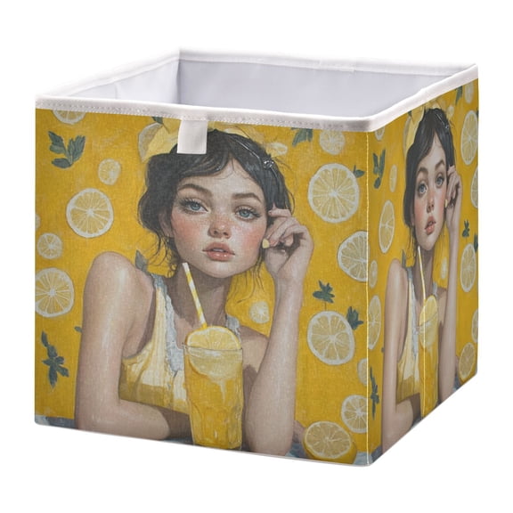 WOBOGO Lemonade Lass Storage Basket Foldable Easy to Clean Durable with Hollow Support Plate with Handle 15.75×10.63×6.96 in