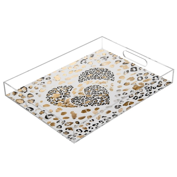 WOBOGO Leopard Print Heart Acrylic Serving Trays 15.7x11.8 Inch Spill Proof Clear Decorative Organizer with Handle