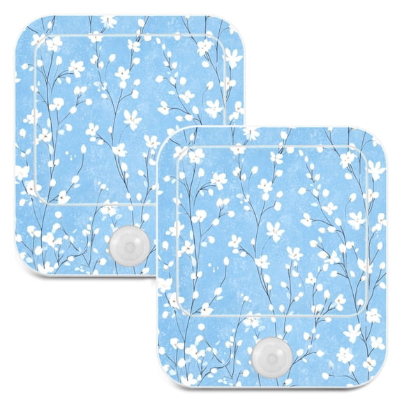 WOBOGO Light Blue Background with White Floral Pattern Night Light Lamp with Smart Sensor Dusk to Dawn Sensor 0.6W Plug-in 2-Pack