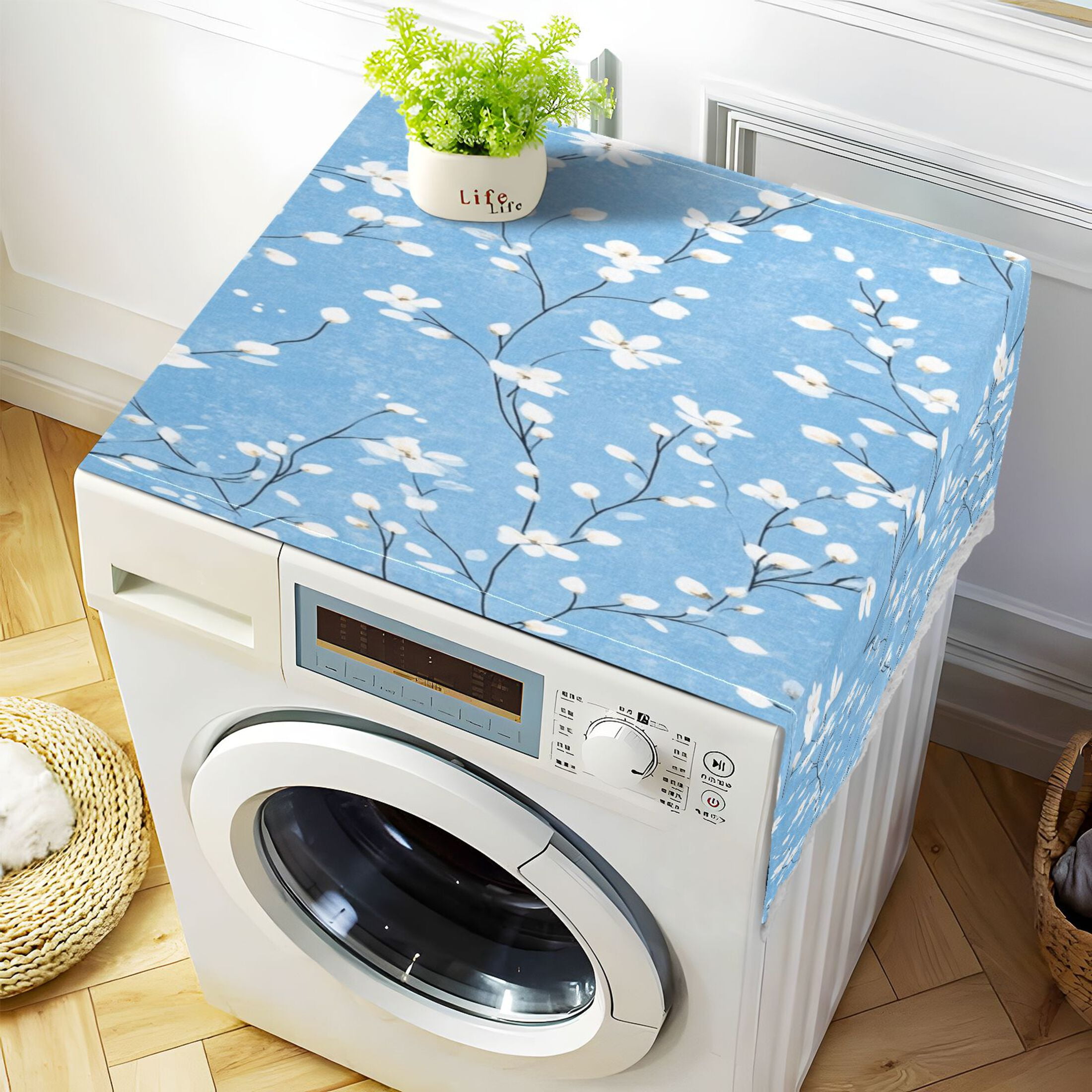 WOBOGO Light Blue Background with White Floral Pattern Washing Machine Cloth Dryer Refrigerator Top Cover Protective Non-Slip Mat For Kitchen Laundry