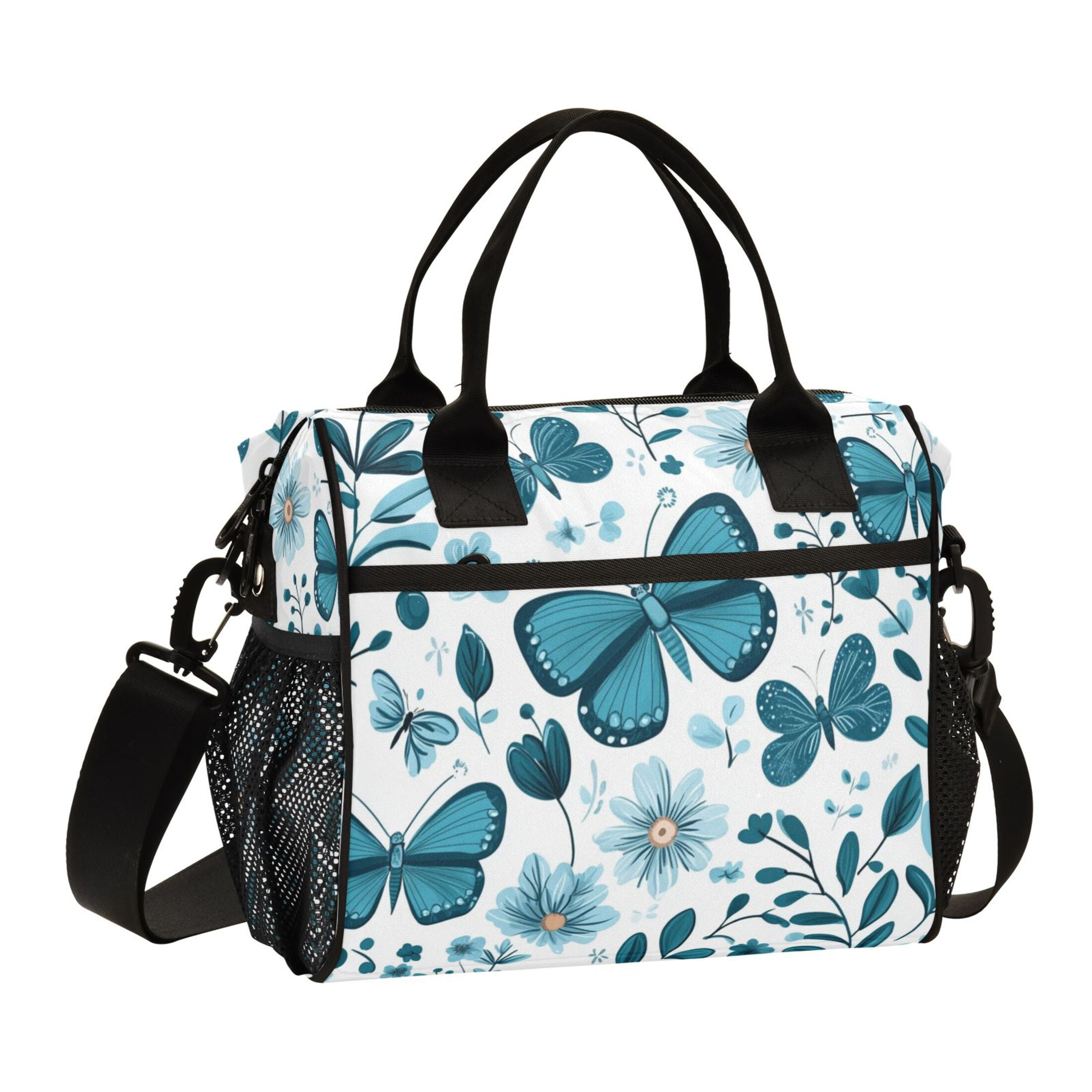 WOBOGO Light Blue Butterflies Flowers and Leaves Lunch Bag Large Capacity Leak Proof Insulation Soft Adult Men and Women Universal 11.8×11.4×6.2in