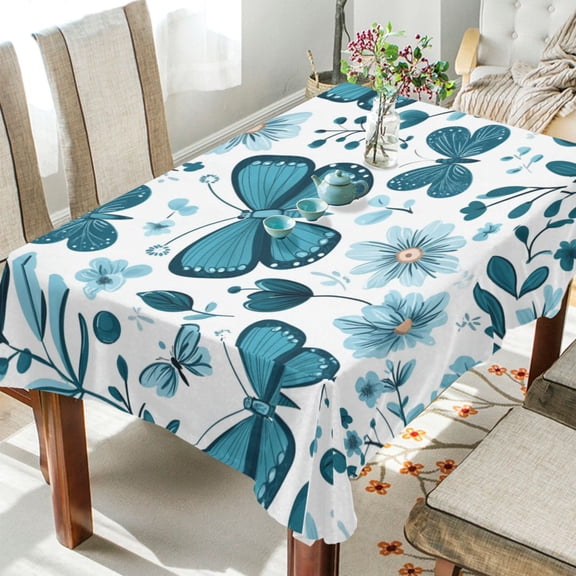 WOBOGO Light Blue Butterflies Flowers and Leaves Square Tablecloth 54×72in Polyester Fabric Tablecloth Washable Dust Resistant Wrinkle Resistant