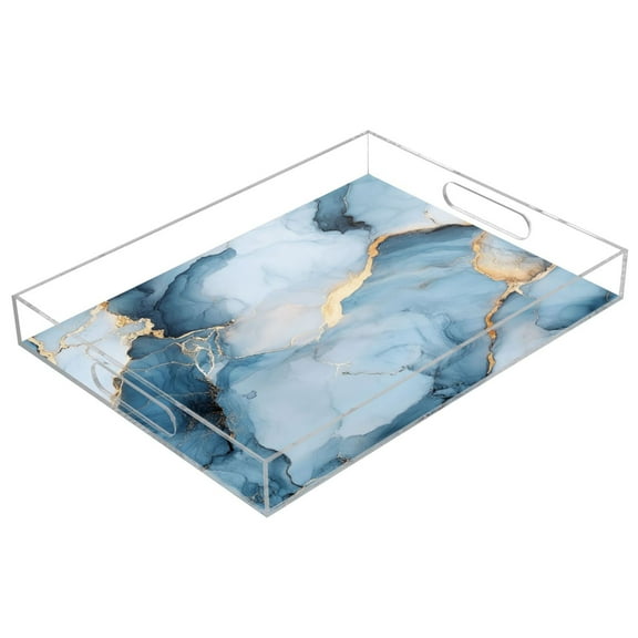 WOBOGO Light Blue Gilt Marble Acrylic Serving Trays 15.7x11.8 Inch Spill Proof Clear Decorative Organizer with Handle
