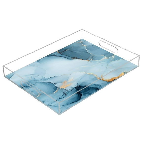WOBOGO Light Blue Gilt Marbles Acrylic Serving Trays 15.7x11.8 Inch Spill Proof Clear Decorative Organizer with Handle