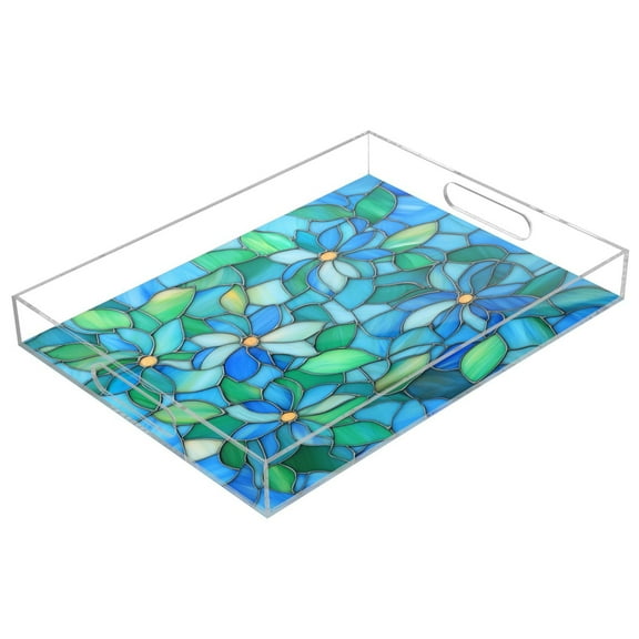WOBOGO Light Blue Green Glass Acrylic Serving Trays 15.7x11.8 Inch Spill Proof Clear Decorative Organizer with Handle