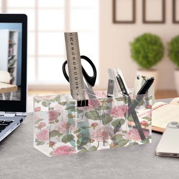 WOBOGO Light Pink Rose Acrylic Pen Holder 4 Compartments Clear Pencil Organizer Makeup Brush Storage Case