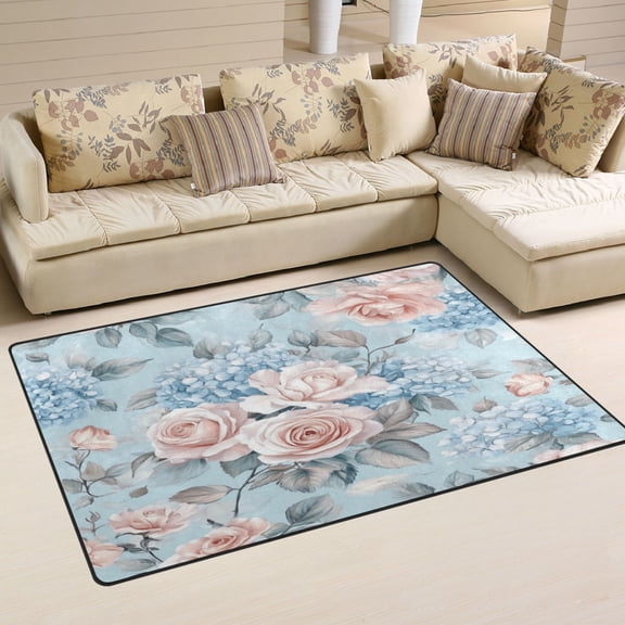WOBOGO Light Pink Rose Pattern Carpet Non-Slip Rugs Soft Doormat 31×20in Living Dining Room Bedroom Decorative