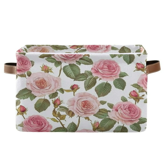 WOBOGO Light Pink Rose Square Storage Basket with Waterproof Canvas and PE Lining Durable PU Leather Handles 14.2×10.2×8.3in