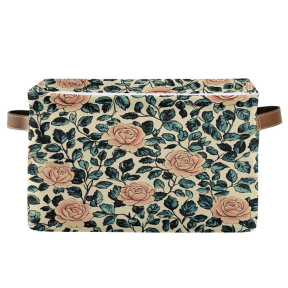 WOBOGO Light Pink Vintage Rose Square Storage Basket with Waterproof Canvas and PE Lining Durable PU Leather Handles 14.2×10.2×8.3in