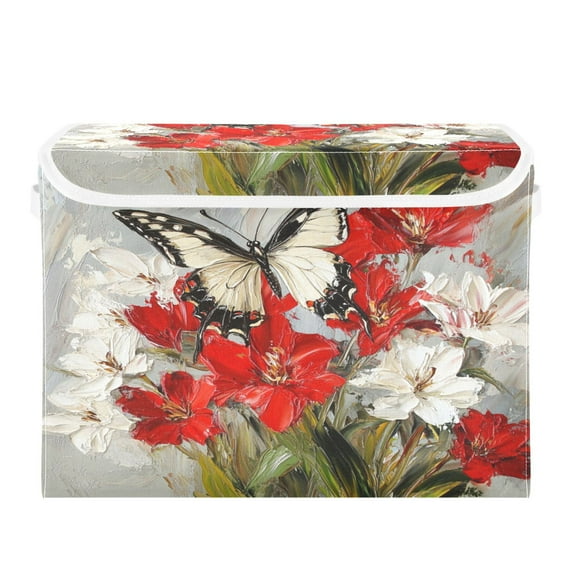 WOBOGO Lily Butterfly Large Collapsible Storage Box Flip Lid Fabric Decorative Organizer Container Basket with Handles 16.5×12.6×11.8in