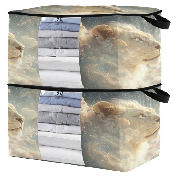 WOBOGO Lion in The Clouds Pattern Clothes Storage 2Pack Foldable Thick Fabric Blanket Organizer Bag with Handle 21.65×13.78×12.4in
