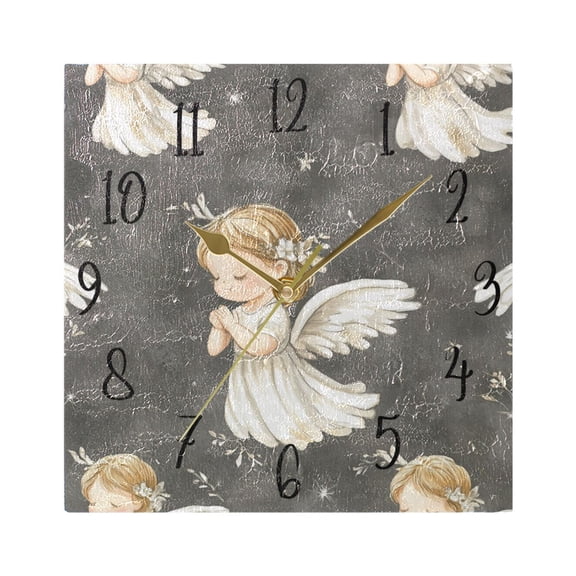 WOBOGO Little Angels with White Wings Pattern Wall Clock 7.78 Inch Battery Operated Silent Unit Square Rustic Vintage Style for Home Bedroom Office Gold Pointer