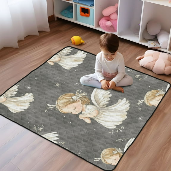 WOBOGO Little Angels with White Wings Pattern Baby Playmats Extra Large Waterproof Rollable Activity Pads for Toddlers 5050inch