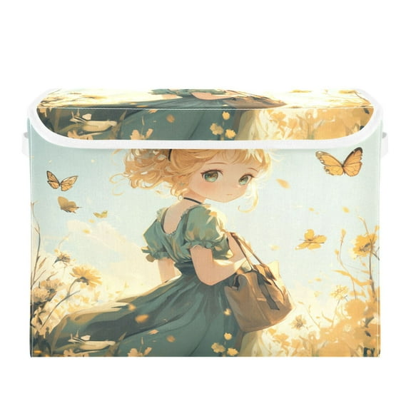 WOBOGO Little Lass Surrounded by Butterflies Large Collapsible Storage Box Flip Lid Fabric Decorative Organizer Container Basket with Handles 16.512.611.8in