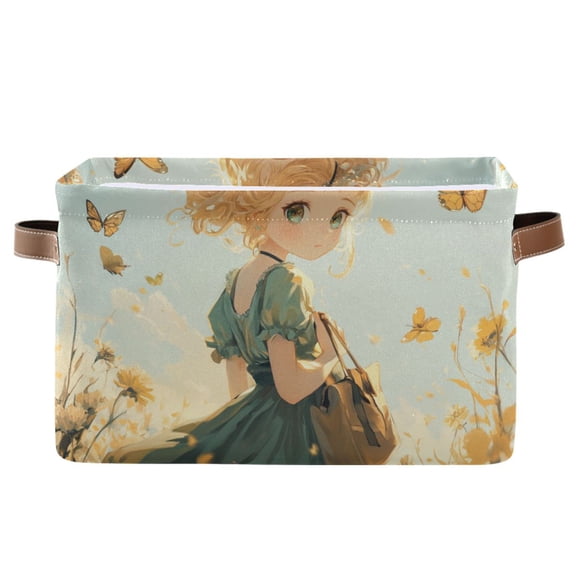 WOBOGO Little Lass Surrounded by Butterflies Square Storage Basket with Waterproof Canvas and PE Lining Durable PU Leather Handles 14.2×10.2×8.3in