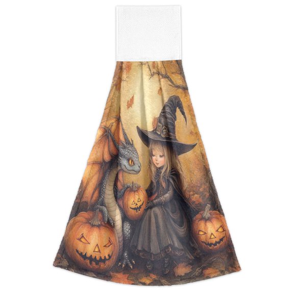 WOBOGO Little Witch and Her Dragon Hand Towel Set of 2 Absorbent for Kitchen and Bathroom With Velcro Hanging Loop 18.2×14in
